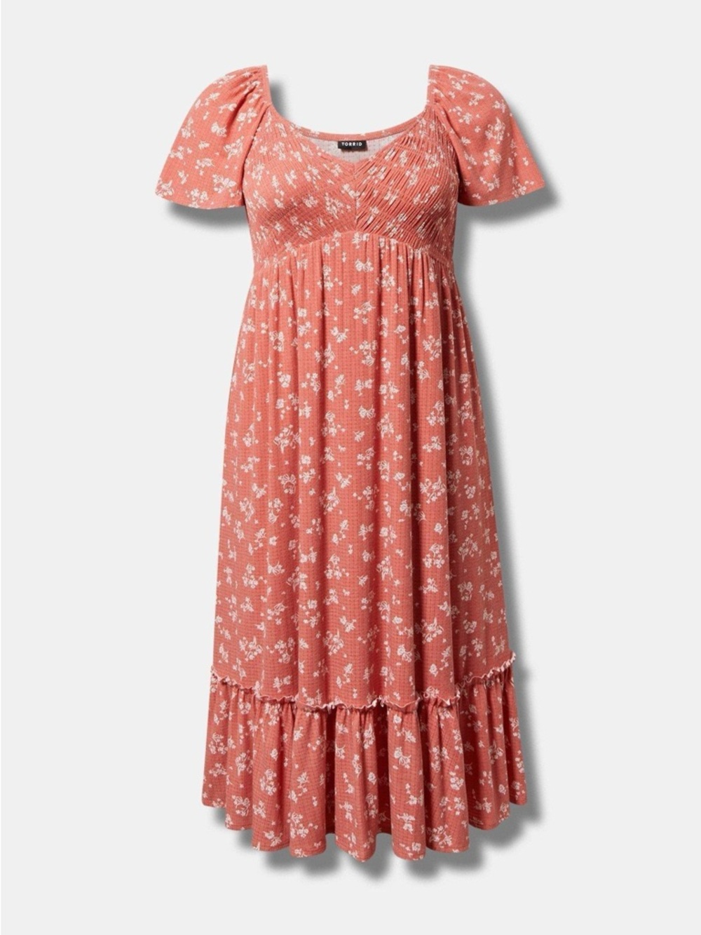 TORRID Coral Floral Midi V-Waist Dress with Ruffle Hem